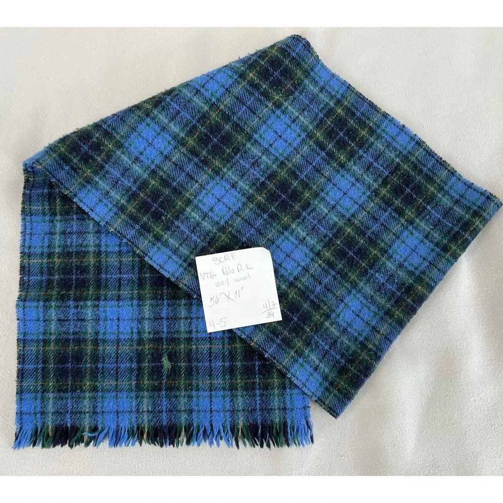 VTG Polo Ralph Lauren Men's Lambwool Plaid Scarf Green Blue 56